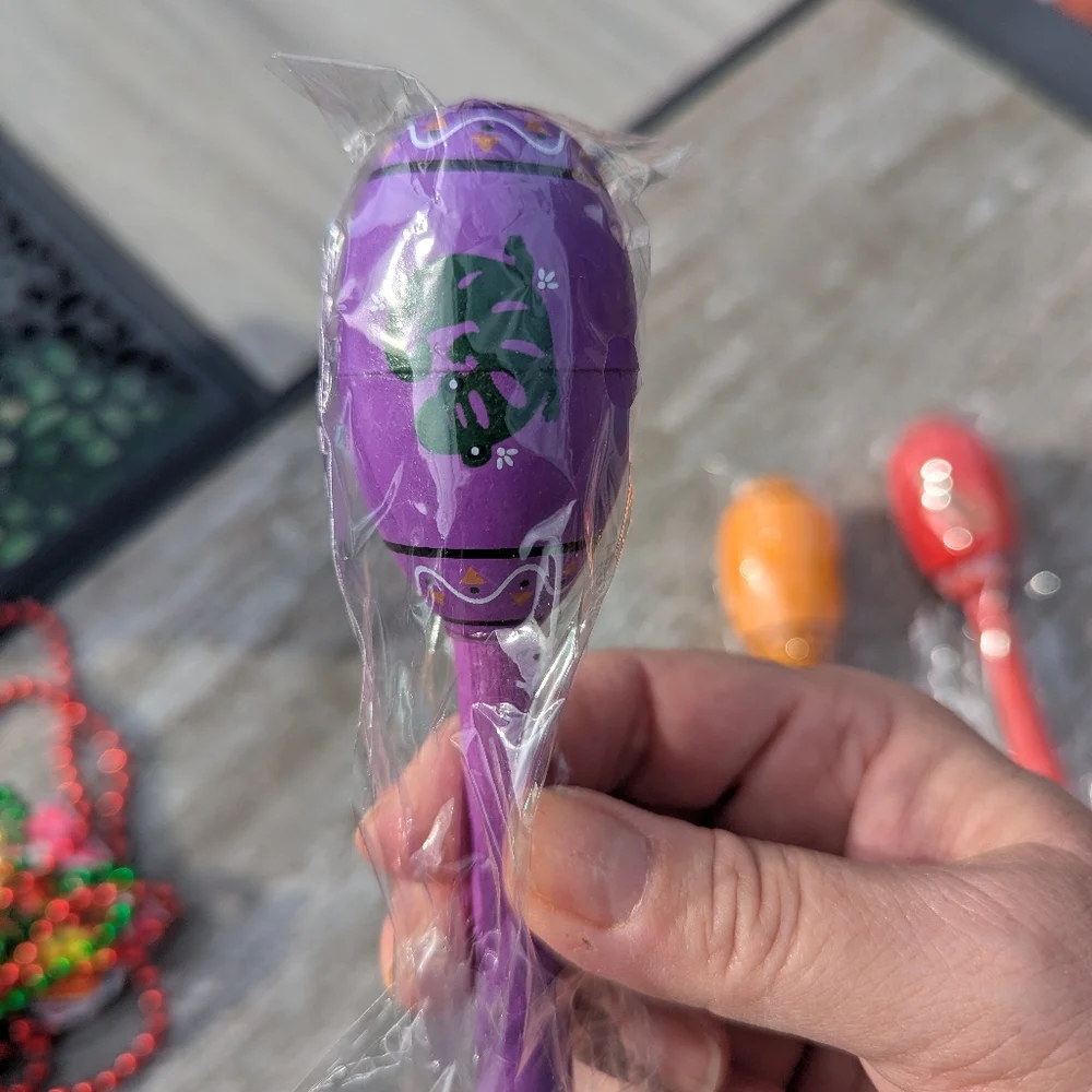 Maraca's Set Of 3. Wooden. Mini. One Red, One Orange & One Purple. Ind. Packaged